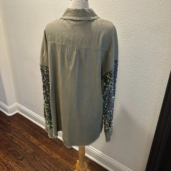 ChicMe Oversized Khaki & Sequin Button Down Shirt-Size S - Picture 6 of 12